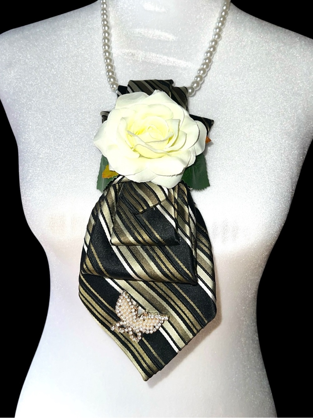 Elegant Black & Gold Striped Tie Necklace with White Rose